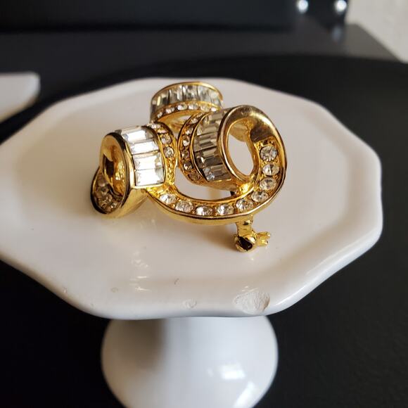 Triple Coil Brooch Gold Tone with Baguette and Round Rhinestones Bling Statement - Picture 9 of 10